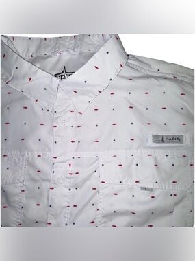 Habit White Red Blue Fish Star Print Vented Fishing Shirt Sz 2XL Button FLAW